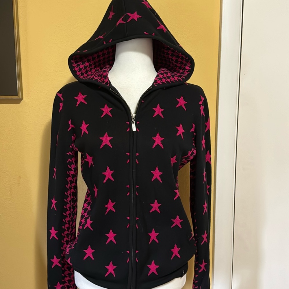 Neve Full Zip Cotton Houndstooth & Star Print Nordic Hoodie Ski Sweater